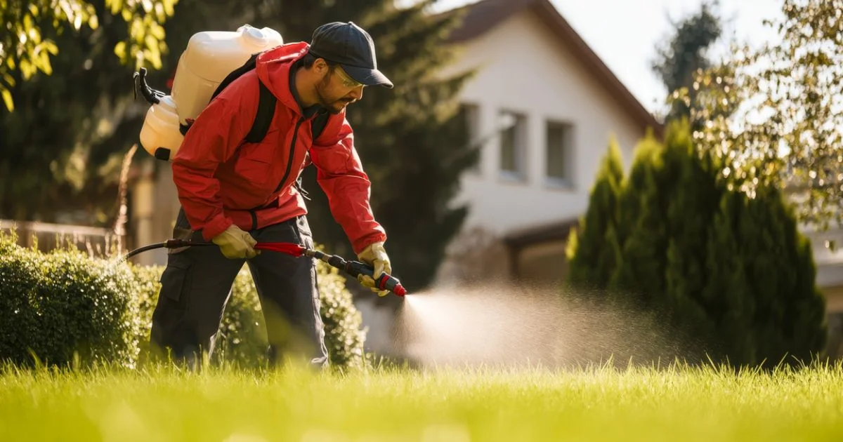 Landscaper spraying pesticide on lawn in front of house.